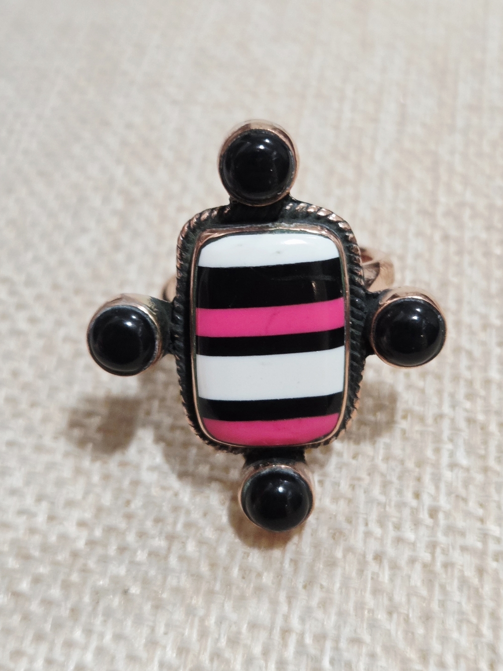 Women's Black Onyx & Pink Turquoise Striped Statement Ring